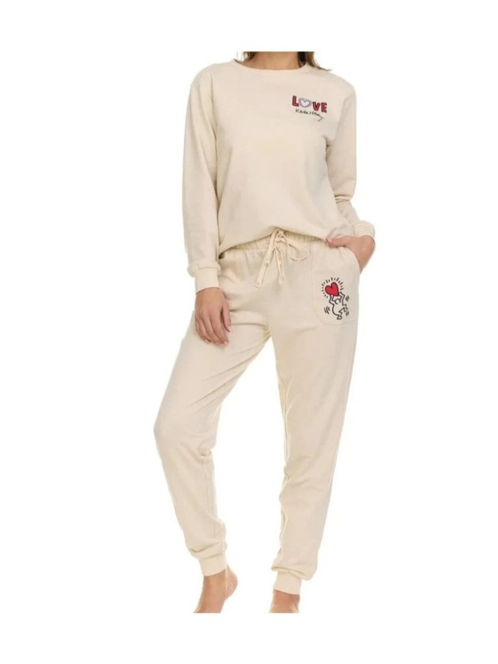 NWT Keith Haring Women's L Beige Lounge Set Love Design 2-Piece Jogger & Crew